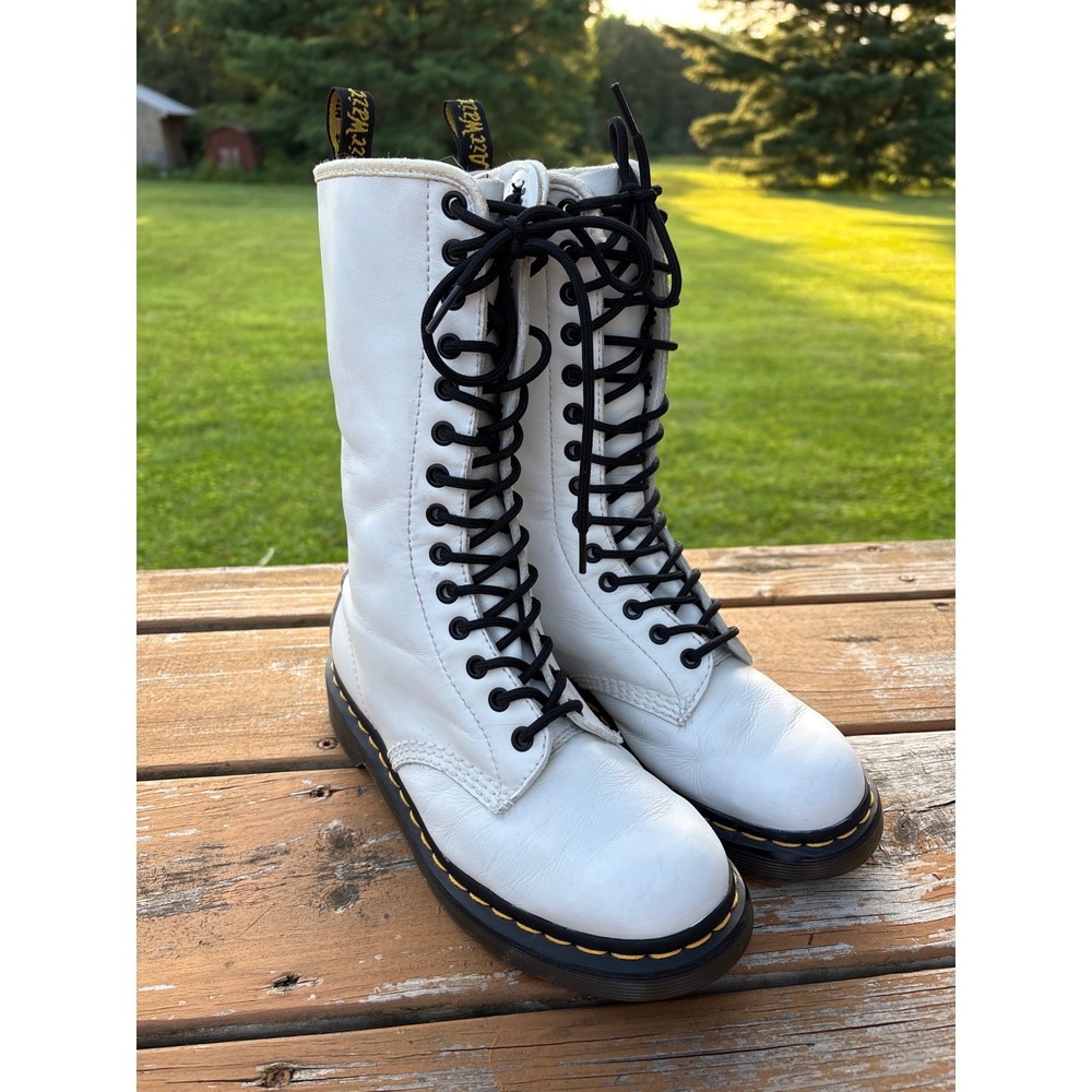 Dr. Doc Martens 1914 White Leather Tall 14 Eye Zip Combat Boots Womens 7 UK 5